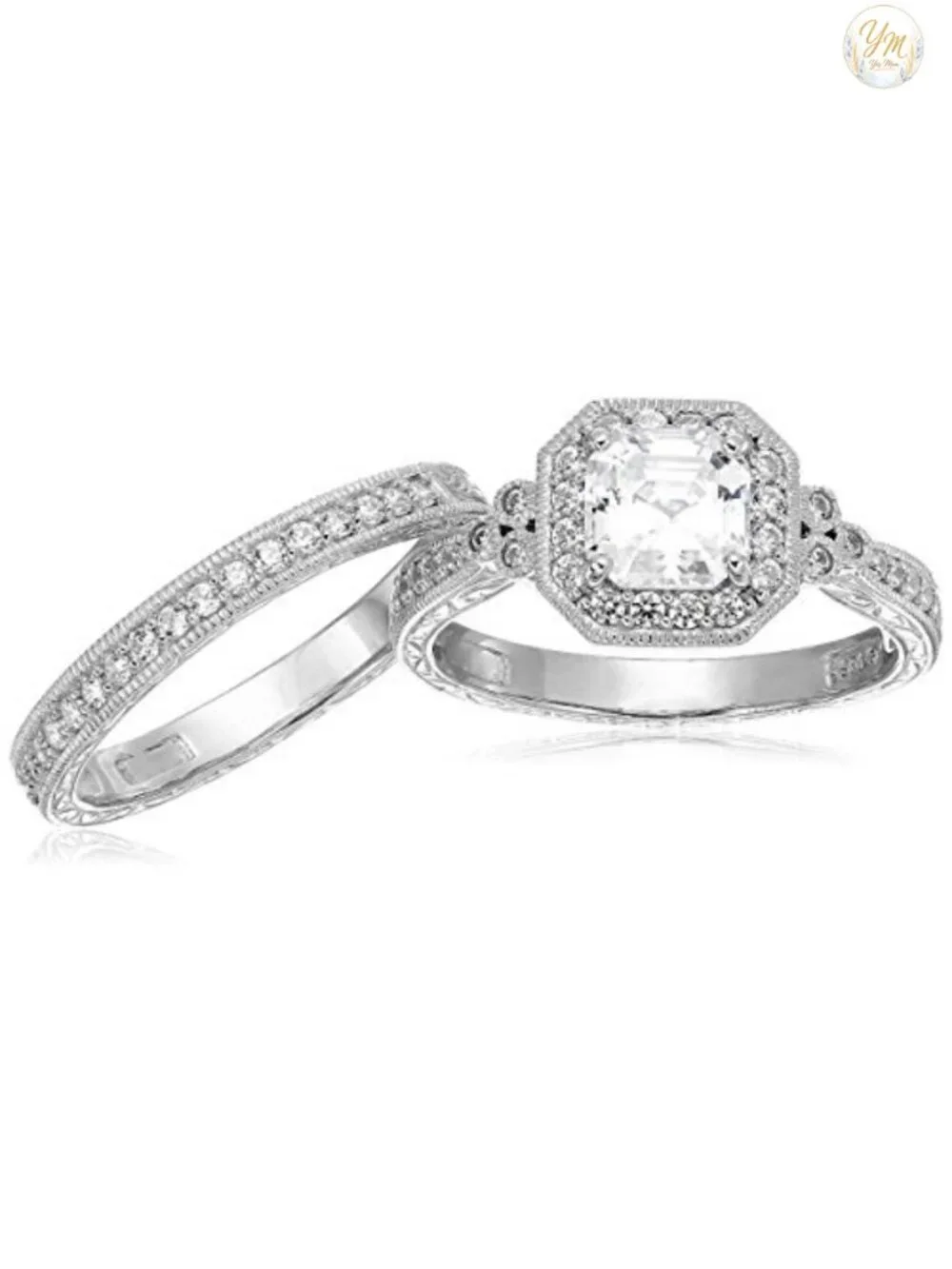 Platinum Plated Sterling Silver Antique Halo Engagement Ring Set with
